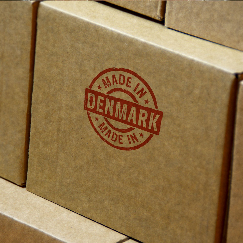 Cardboard box with Made in Denmark label